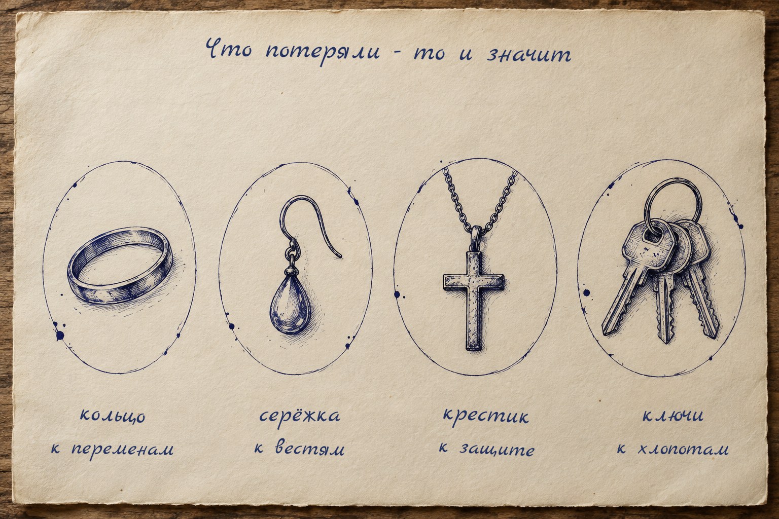 Смысл приметы задаёт предмет: кольцо, серёжка, крестик и ключи читаются по-разному
