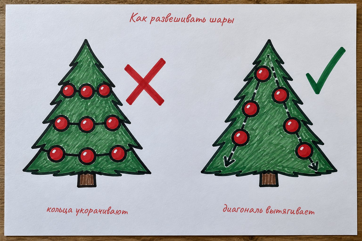 Кольца делят ёлку на полосы и укорачивают её, диагональ сверху вниз вытягивает силуэт