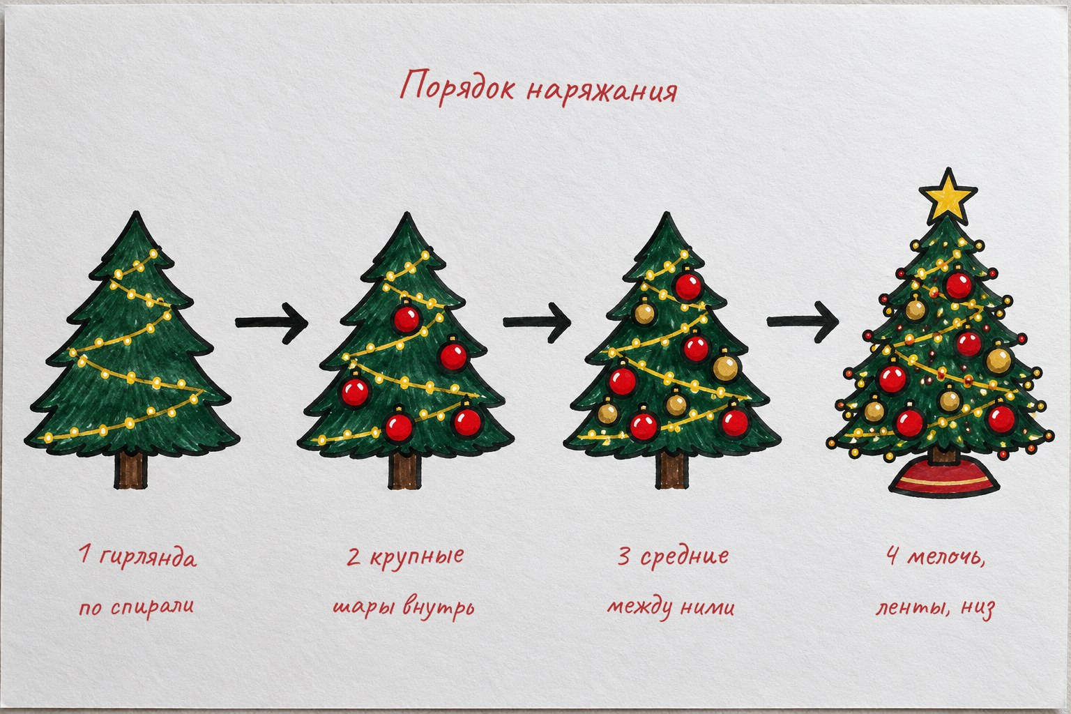Порядок наряжания: сначала свет, потом крупные шары вглубь кроны, за ними средние и мелочь на кончиках веток