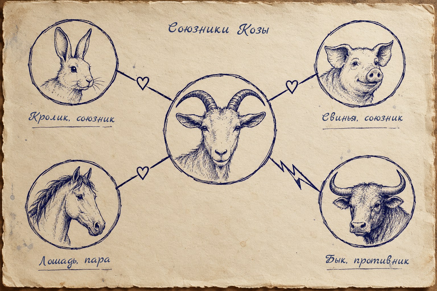 Союзники Козы - Кролик, Свинья и Лошадь, противник по кругу - Бык